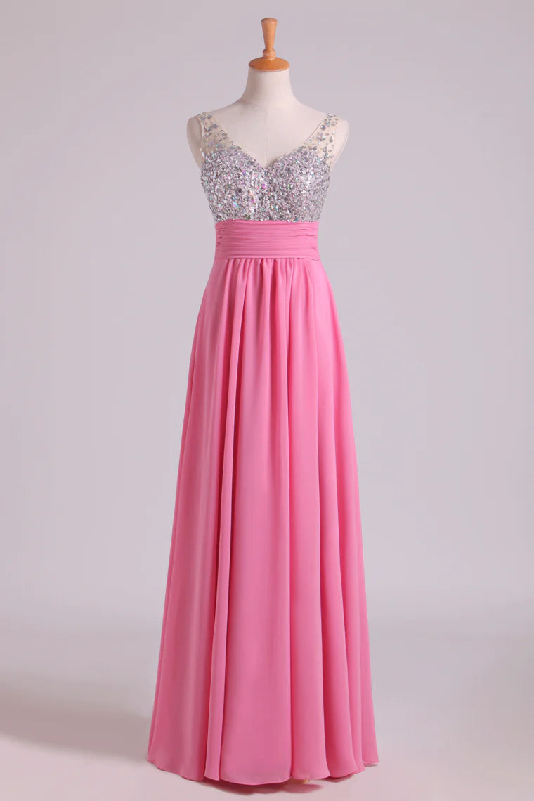 Party Dresses A Line V Neck Chiffon With Beading/Sequins Sleeveless Floor Length