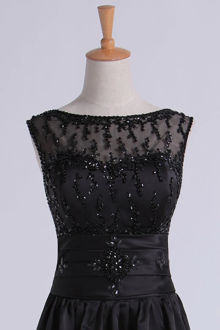 Party Dresses Bateau A Line With Beaded Tulle Bodice Pick Up Long Satin Skirt