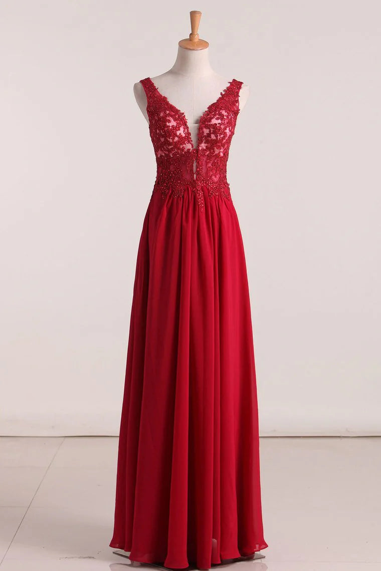 Party Dresses Floor Length V Neck A Line Chiffon With Applique