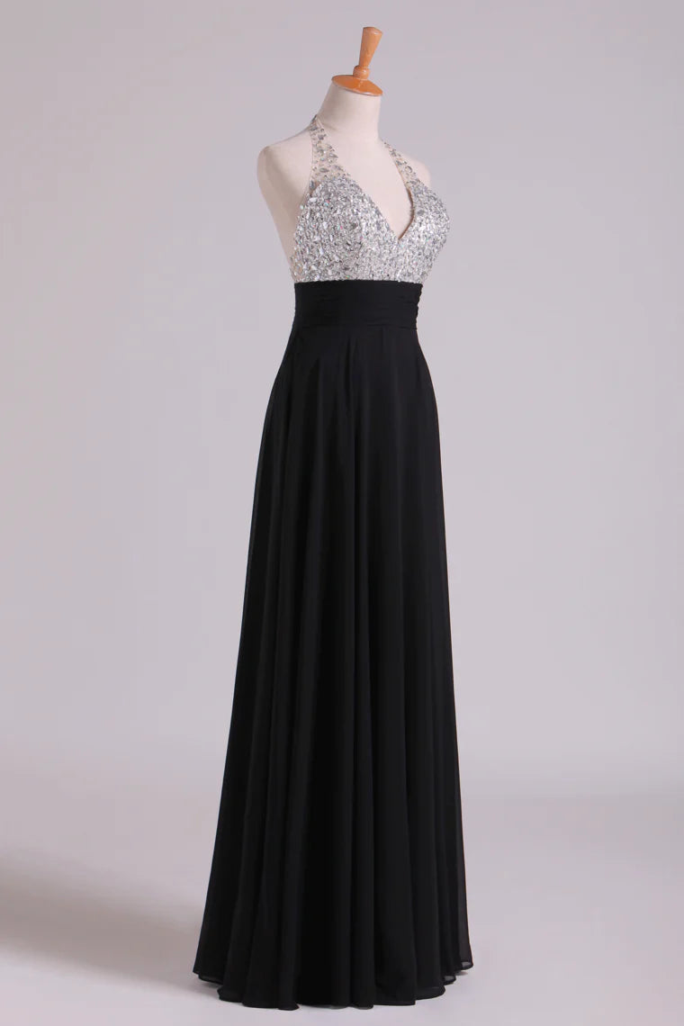 Party Dresses Halter Beaded Bust Pleated Waistband Chiffon Floor Length