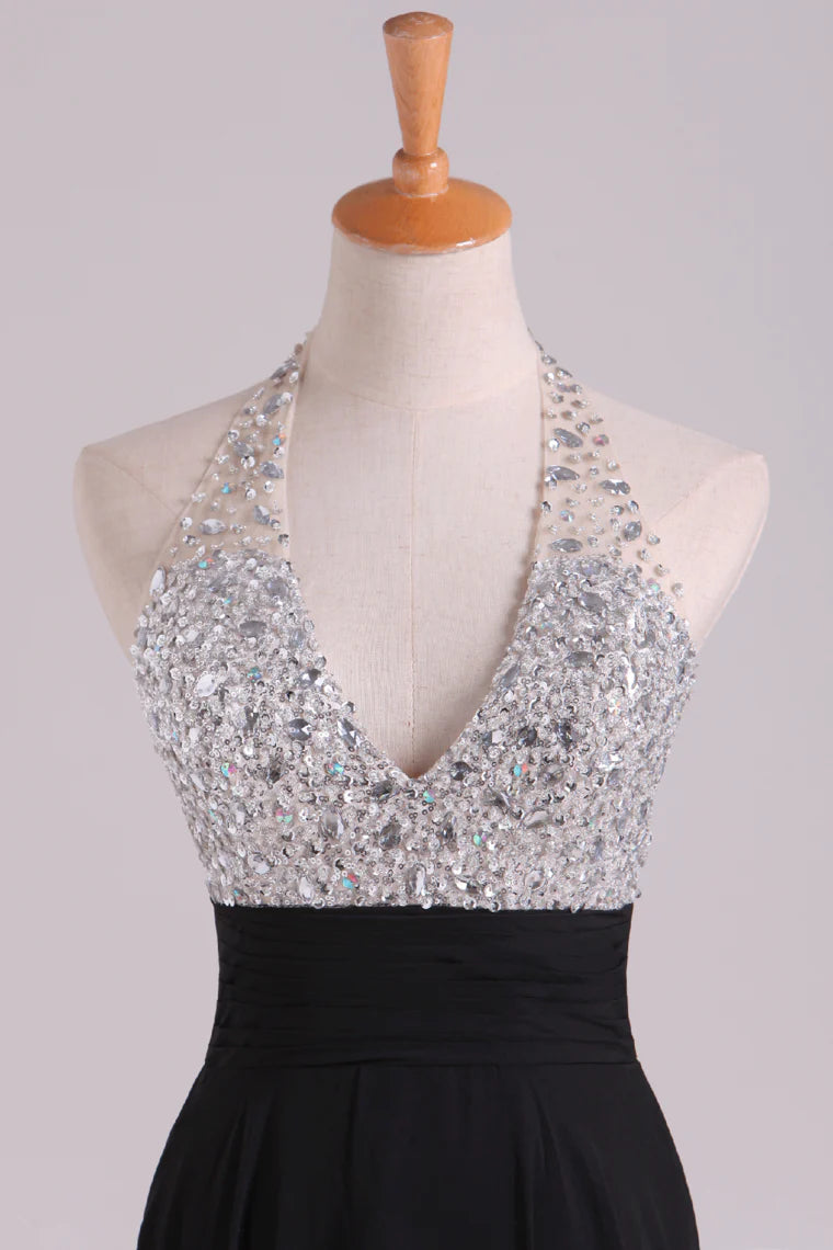 Party Dresses Halter Beaded Bust Pleated Waistband Chiffon Floor Length