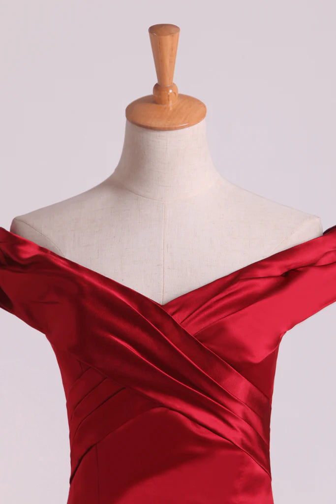 Party Dresses Off The Shoulder Satin Mermaid Burgundy/Maroon Sweep Train