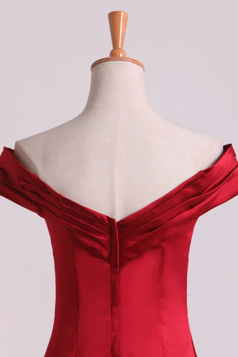 Party Dresses Off The Shoulder Satin Mermaid Burgundy/Maroon Sweep Train