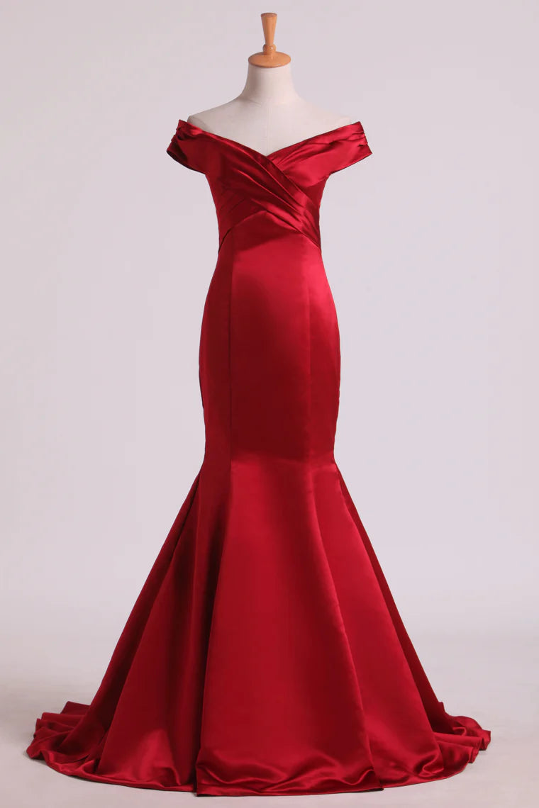 Party Dresses Off The Shoulder Satin Mermaid Burgundy/Maroon Sweep Train