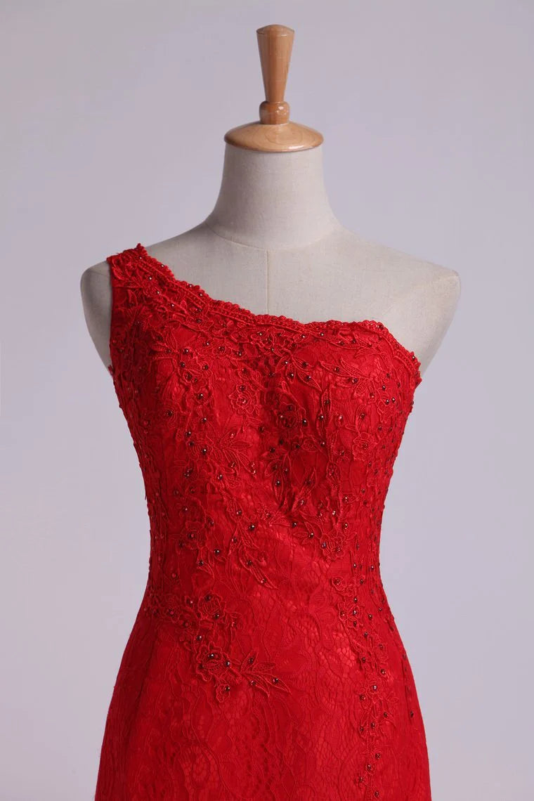 Party Dresses One-Shoulder Sheath Beaded Lace Floor-Length Zipper Back