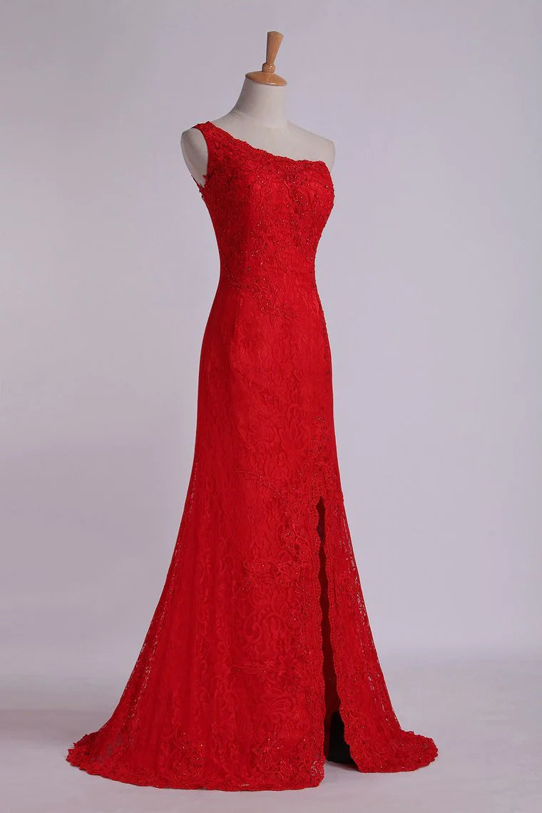 Party Dresses One-Shoulder Sheath Beaded Lace Floor-Length Zipper Back
