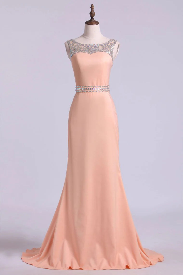 Party Dresses Scoop Column Sweep Train  Satin With Beads