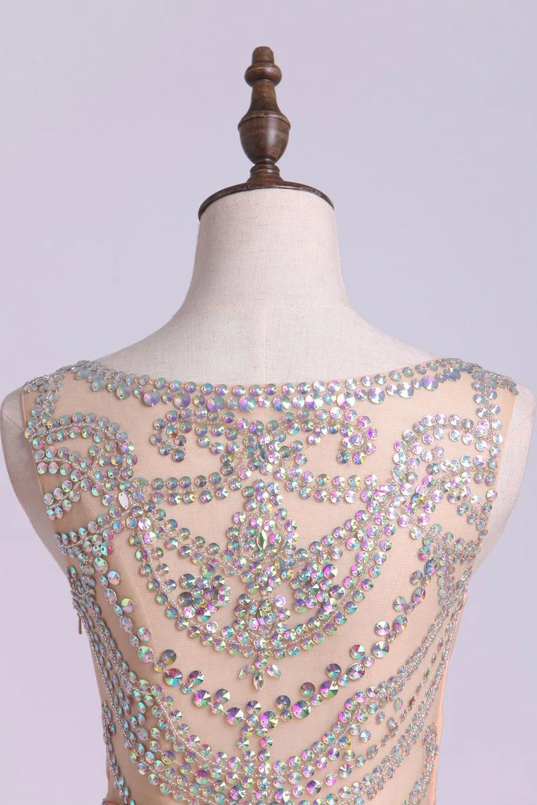 Party Dresses Scoop Column Sweep Train  Satin With Beads