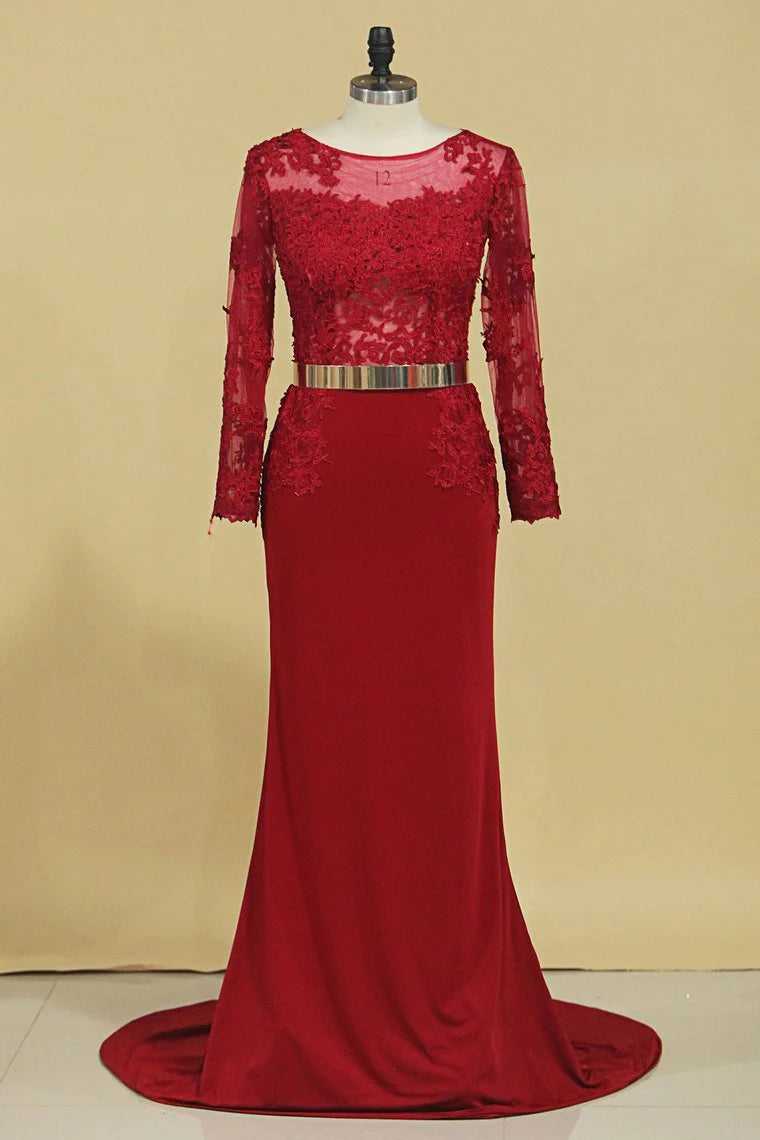 Party Dresses Scoop Mermaid/Trumpet With Applique & Gold Sash Sweep Train