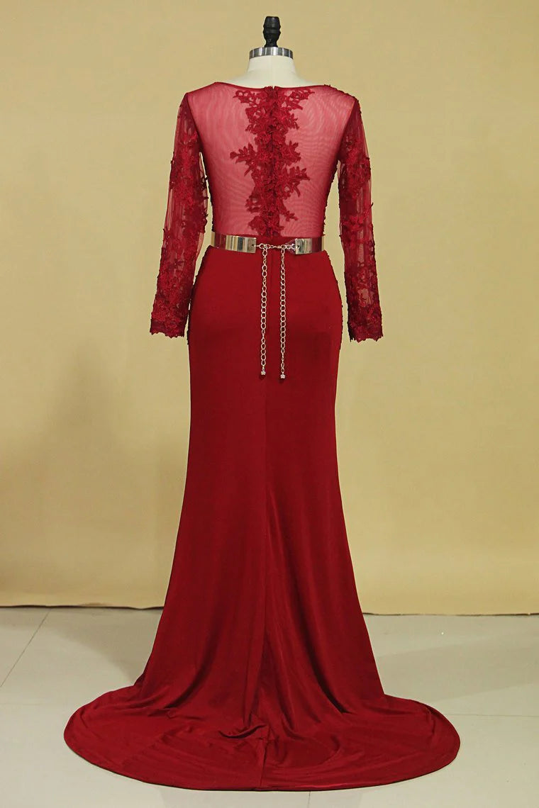 Party Dresses Scoop Mermaid/Trumpet With Applique & Gold Sash Sweep Train