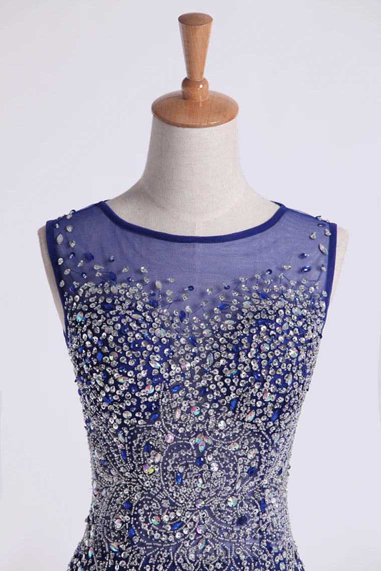 Party Dresses Scoop Sheath Beaded Tulle Bodice With Long Chiffon Skirt