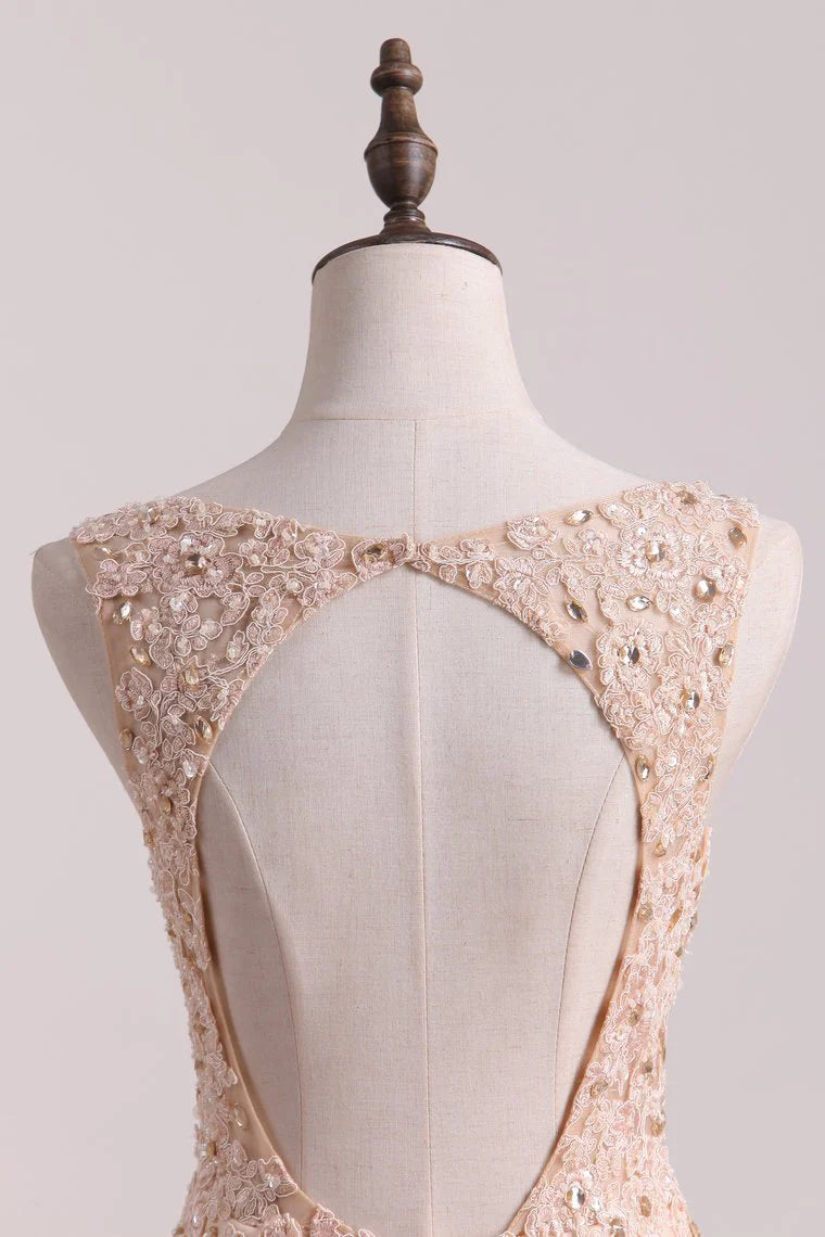 Party Dresses See-Through Scoop With Applique And Beading Tulle Mermaid