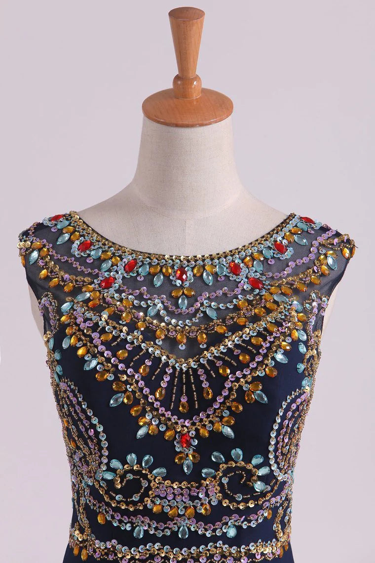 Party Dresses Sexy Open Back Bateau Beaded Bodice Mermaid Spandex