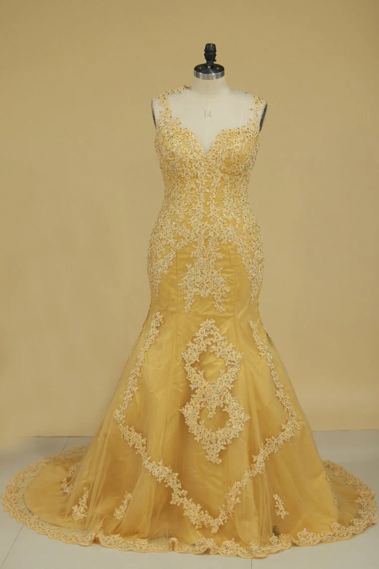 Party Dresses Straps Tulle With Applique Mermaid/Trumpet Sweep Train