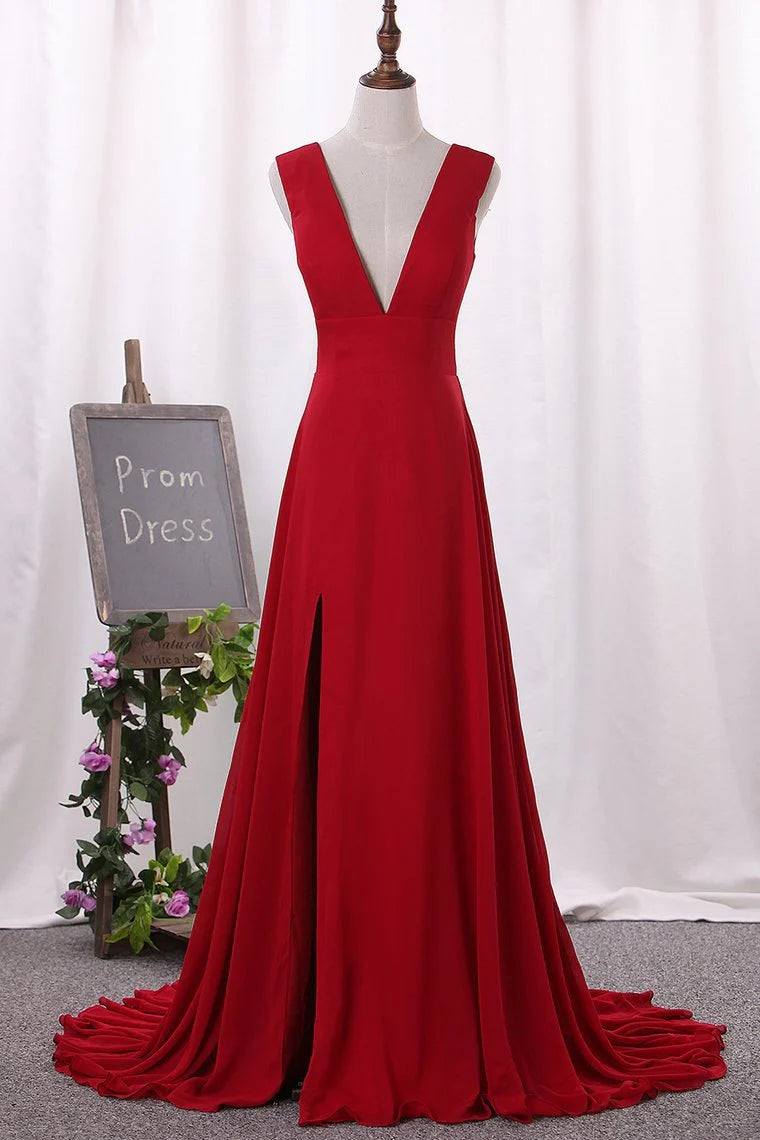 Party Dresses V Neck Chiffon With Slit A Line Sweep Train