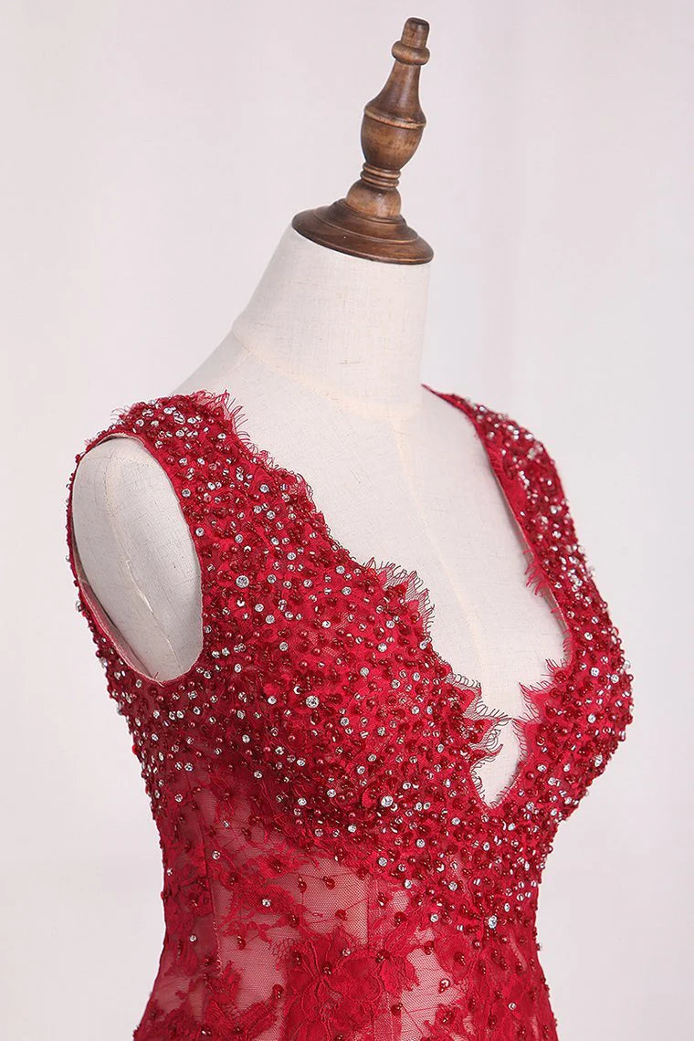 Party Dresses V Neck Lace With Beading And Slit Mermaid Sweep Train