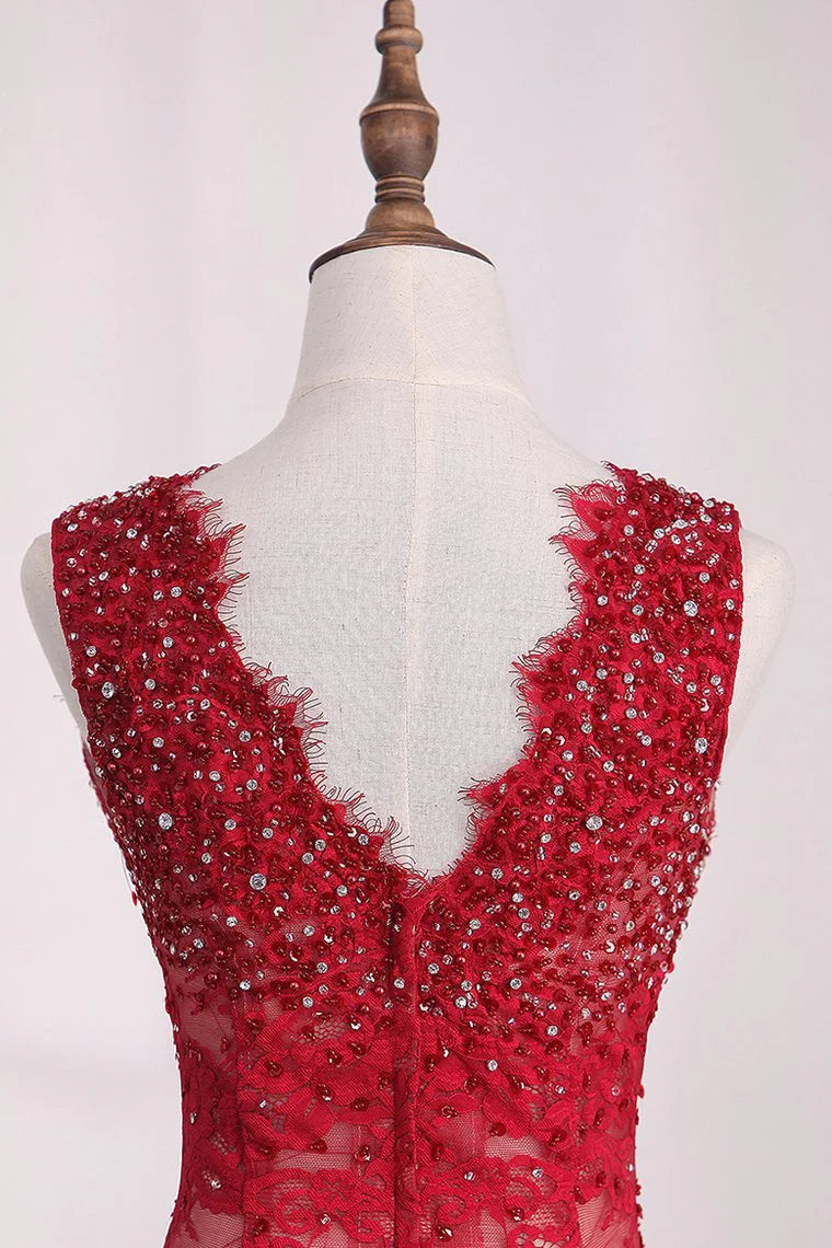 Party Dresses V Neck Lace With Beading And Slit Mermaid Sweep Train