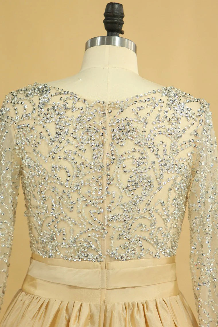 Party Dresses V Neck Long Sleeves A Line Taffeta With Beading Floor-Length