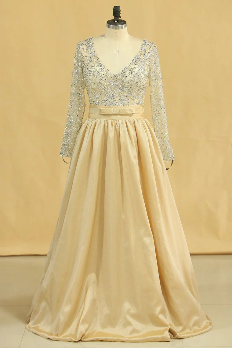 Party Dresses V Neck Long Sleeves A Line Taffeta With Beading Floor-Length