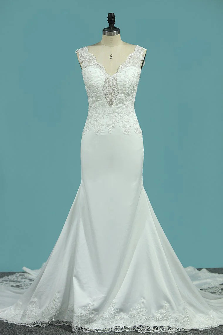 Party Dresses V Neck Satin With Applique Mermaid Court Train