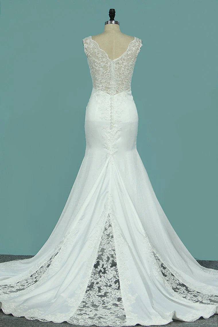 Party Dresses V Neck Satin With Applique Mermaid Court Train