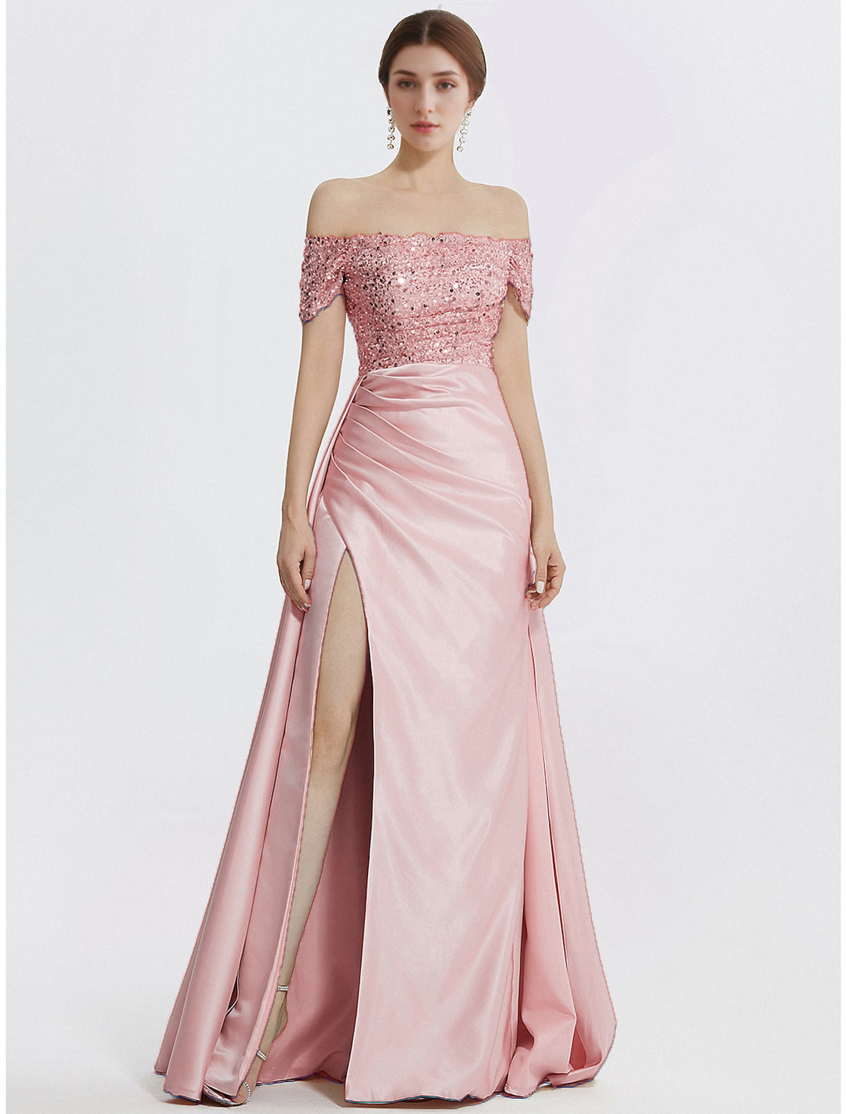 Sheath / Column Evening Gown Elegant Dress Formal Floor Length Short Sleeve Off Shoulder Sequined with Glitter Pleats Slit