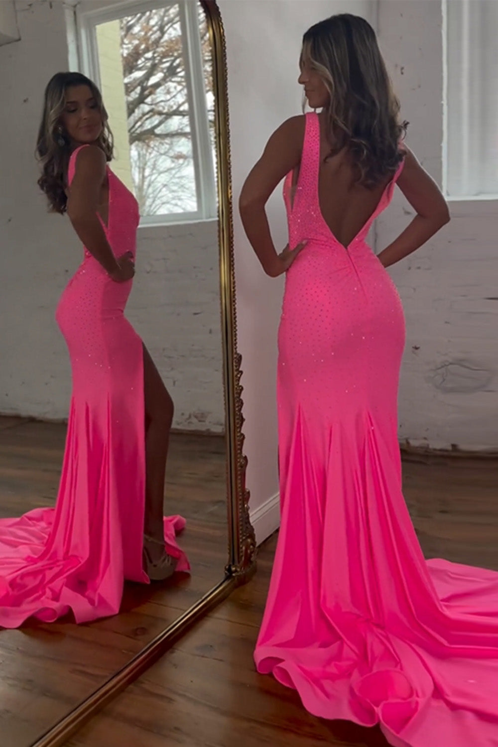 Sparkly Pink Mermaid V-Neck Sweep Train Beaded Prom Dress With Split