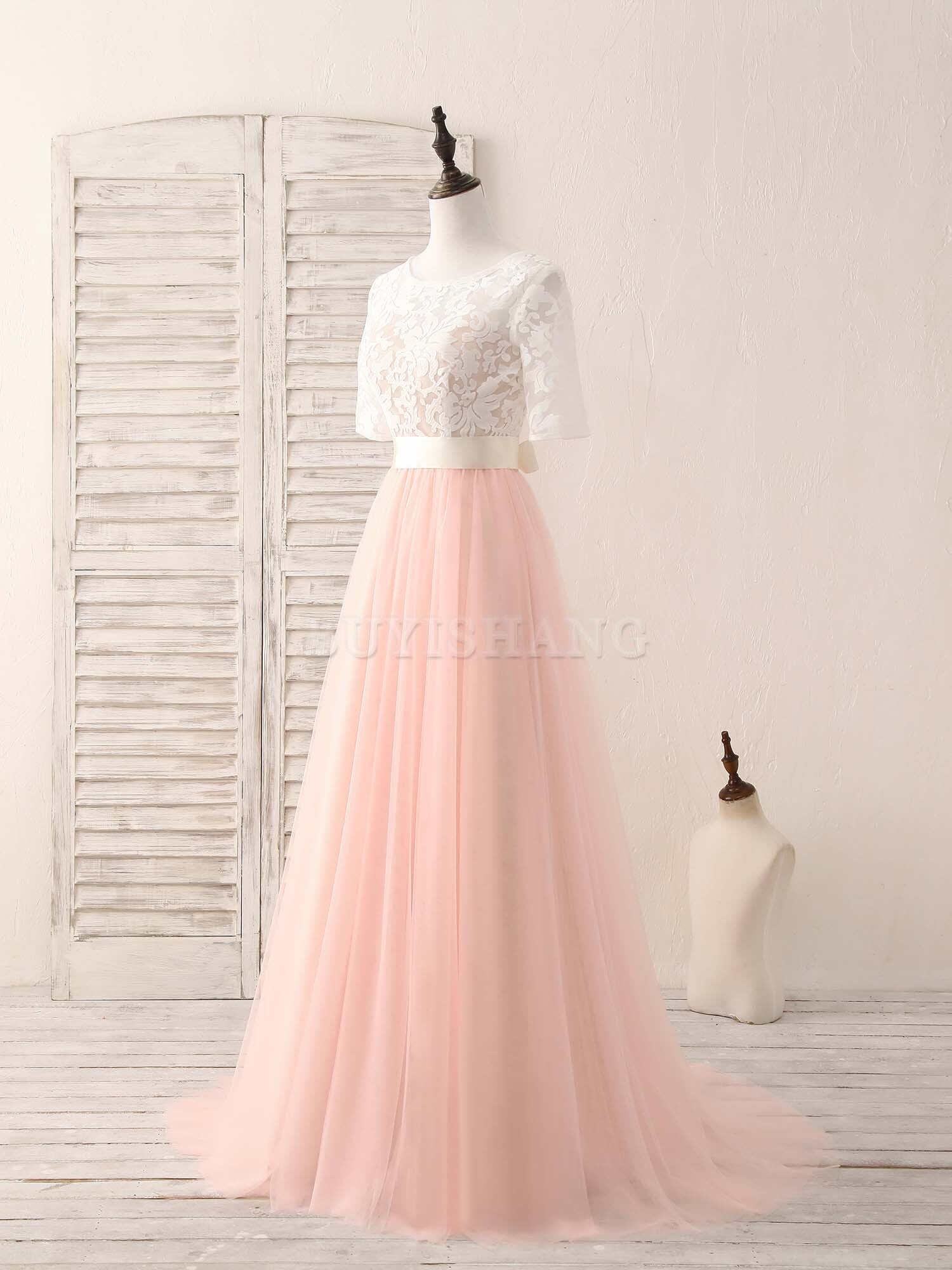 Buyishang Pink Tulle Lace Long Prom Dress Pink Bridesmaid Dress Bridesmaid dress shop