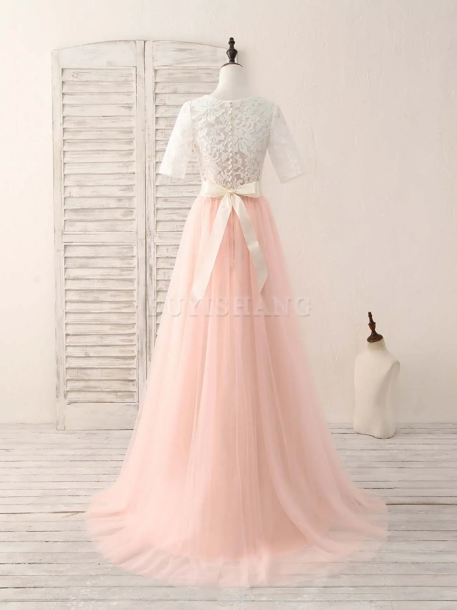 Buyishang Pink Tulle Lace Long Prom Dress Pink Bridesmaid Dress Bridesmaid dress shop