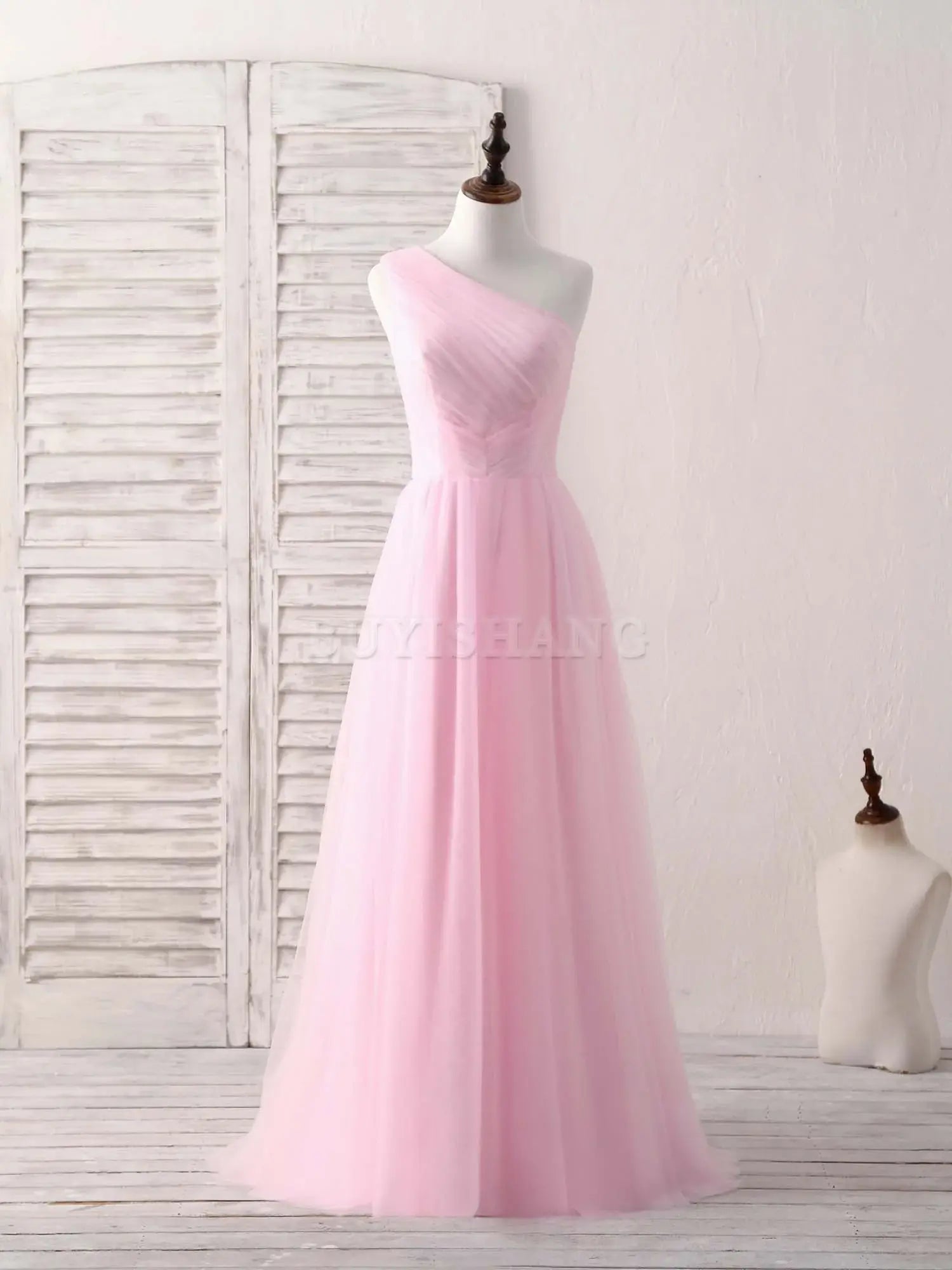 Buyishang Pink Tulle One Shoulder Long Prom Dress Pink Bridesmaid Dress Bridesmaid dress shop