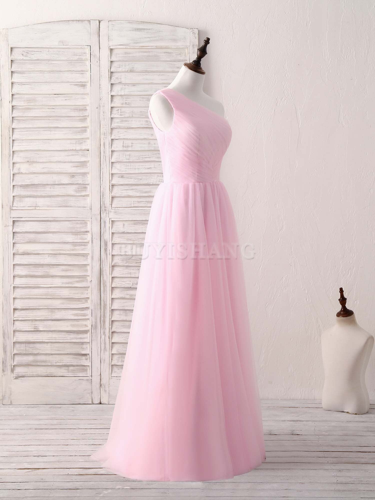 Buyishang Pink Tulle One Shoulder Long Prom Dress Pink Bridesmaid Dress Bridesmaid dress shop