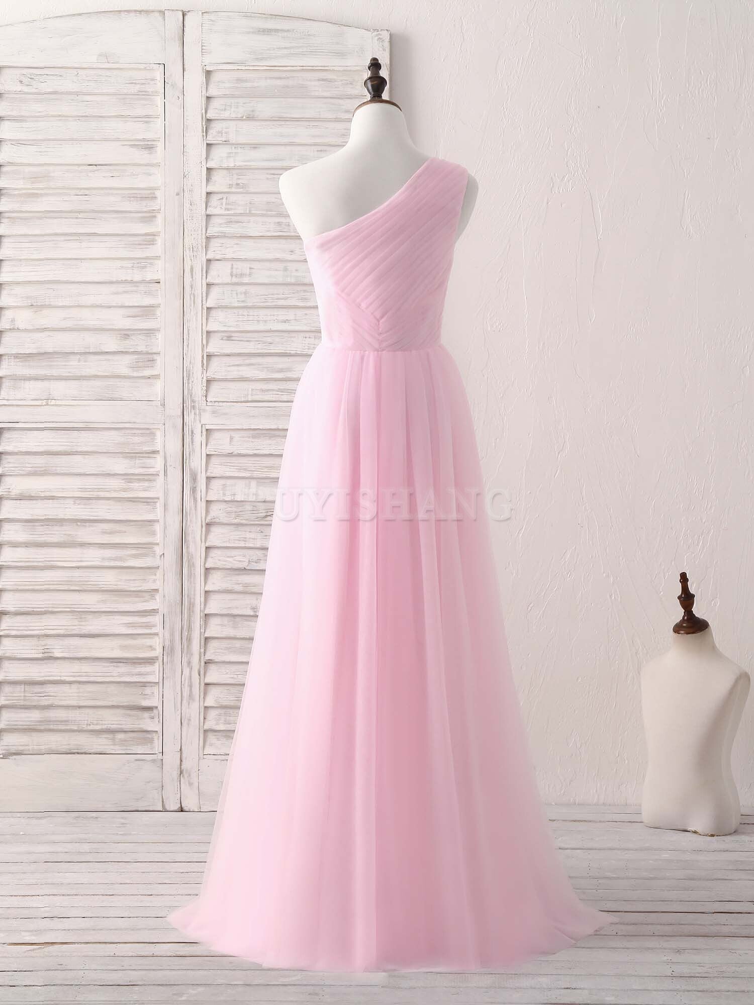 Buyishang Pink Tulle One Shoulder Long Prom Dress Pink Bridesmaid Dress Bridesmaid dress shop