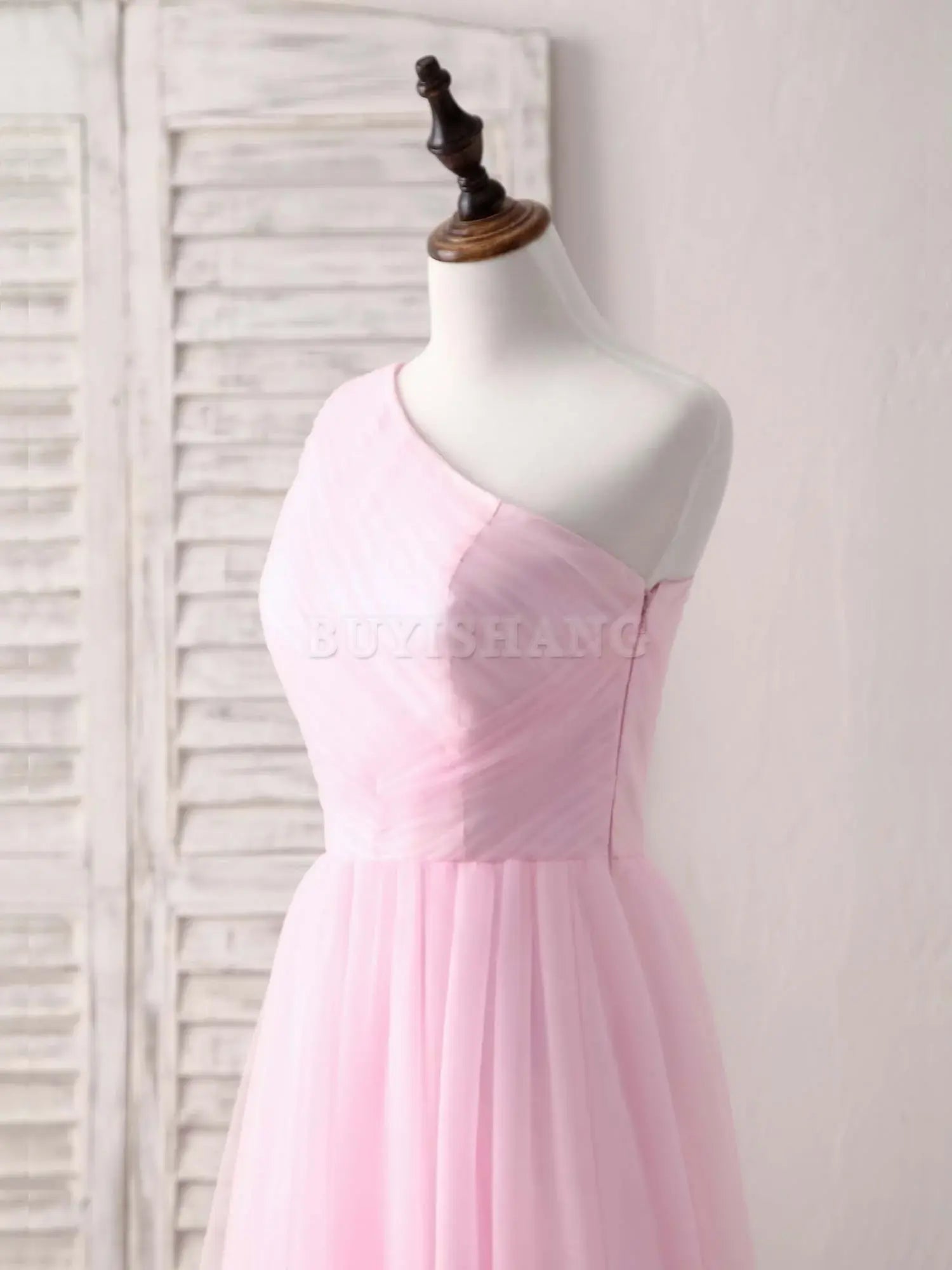 Buyishang Pink Tulle One Shoulder Long Prom Dress Pink Bridesmaid Dress Bridesmaid dress shop
