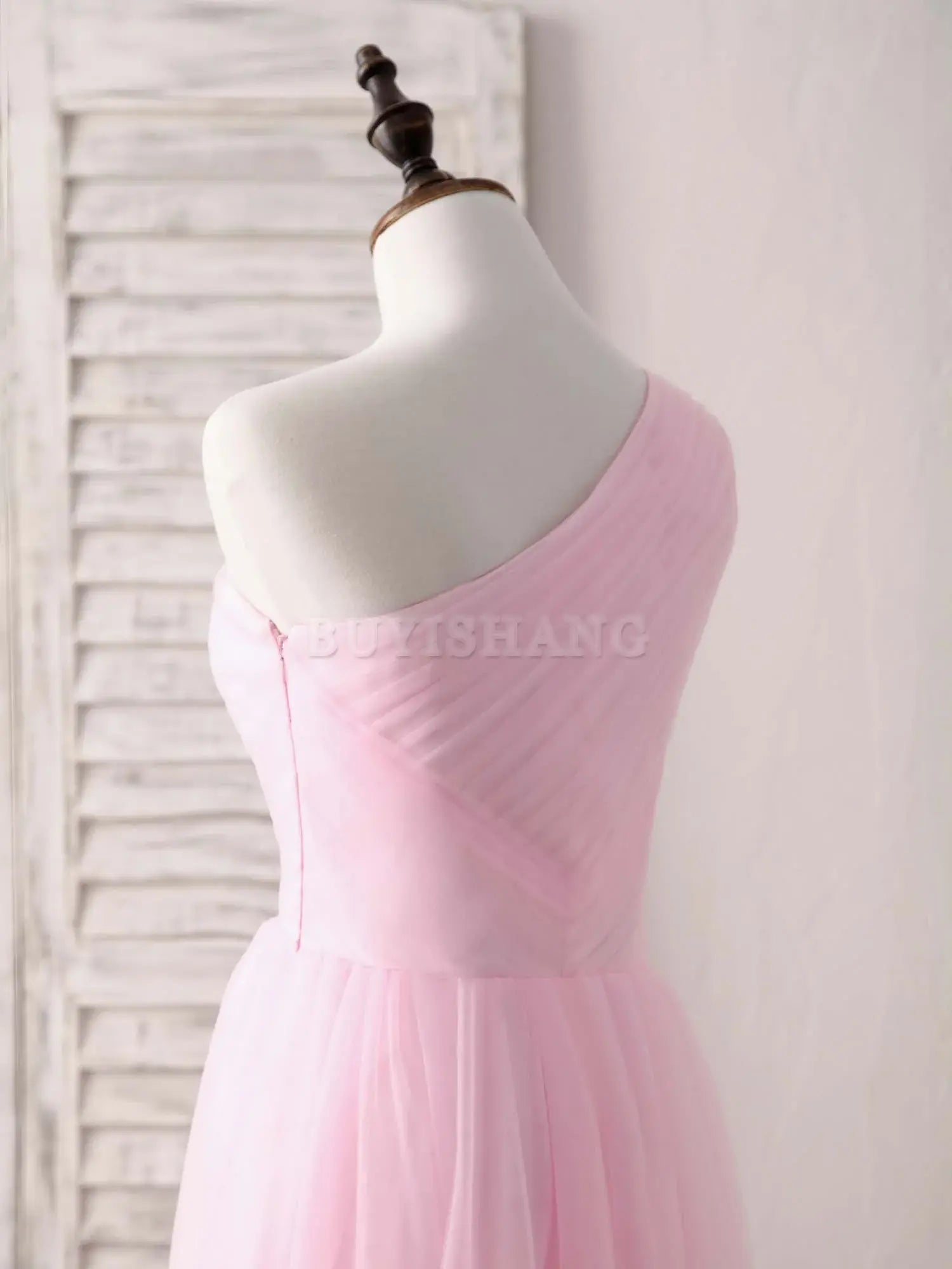 Buyishang Pink Tulle One Shoulder Long Prom Dress Pink Bridesmaid Dress Bridesmaid dress shop