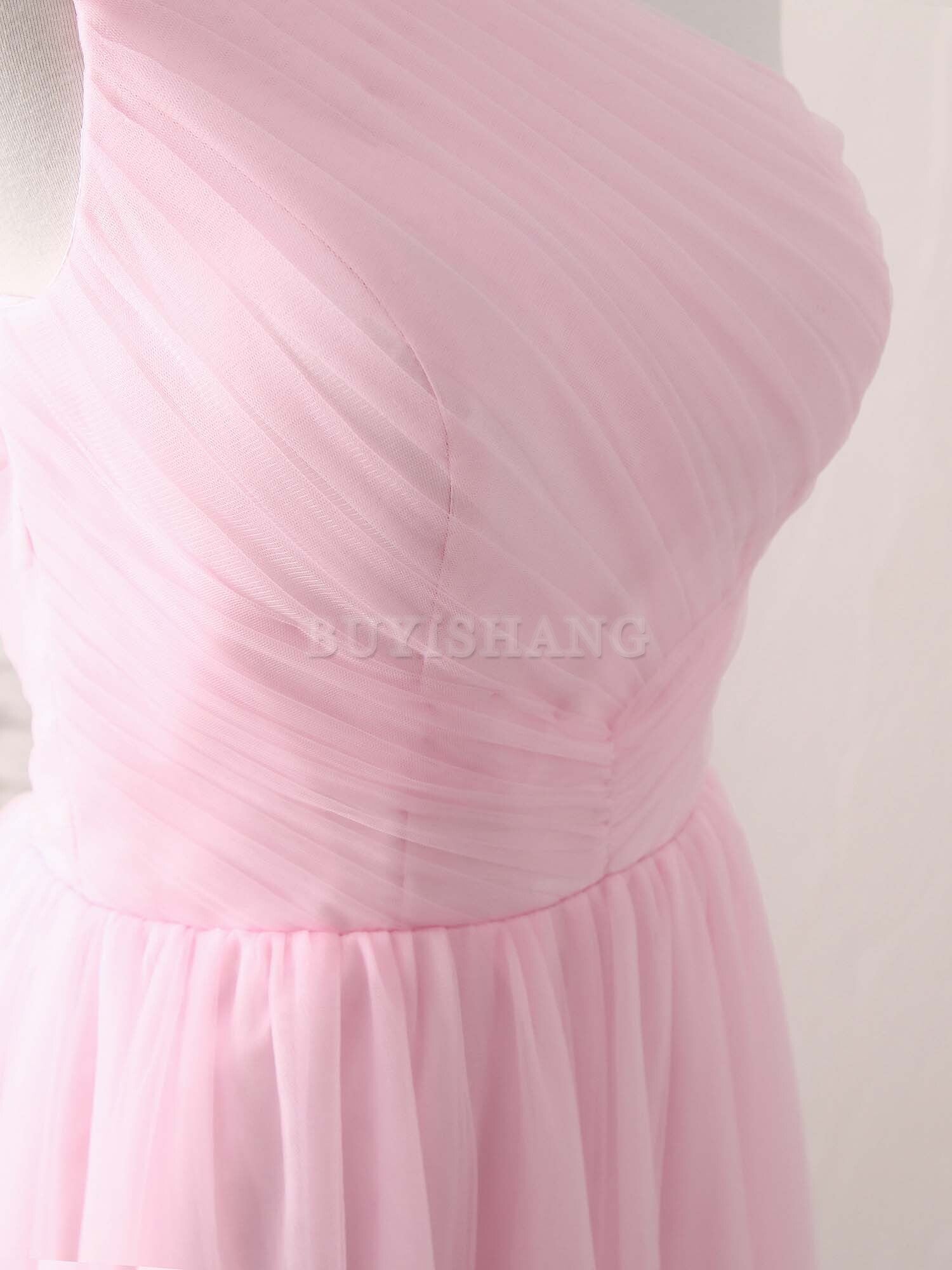 Buyishang Pink Tulle One Shoulder Long Prom Dress Pink Bridesmaid Dress Bridesmaid dress shop