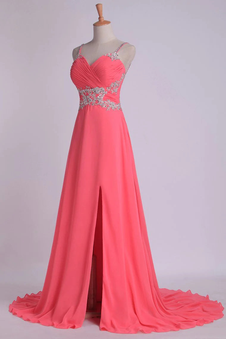 Pleated Bodice Low Back Chiffon Sleeveless A Line Spaghetti Straps Party Dress