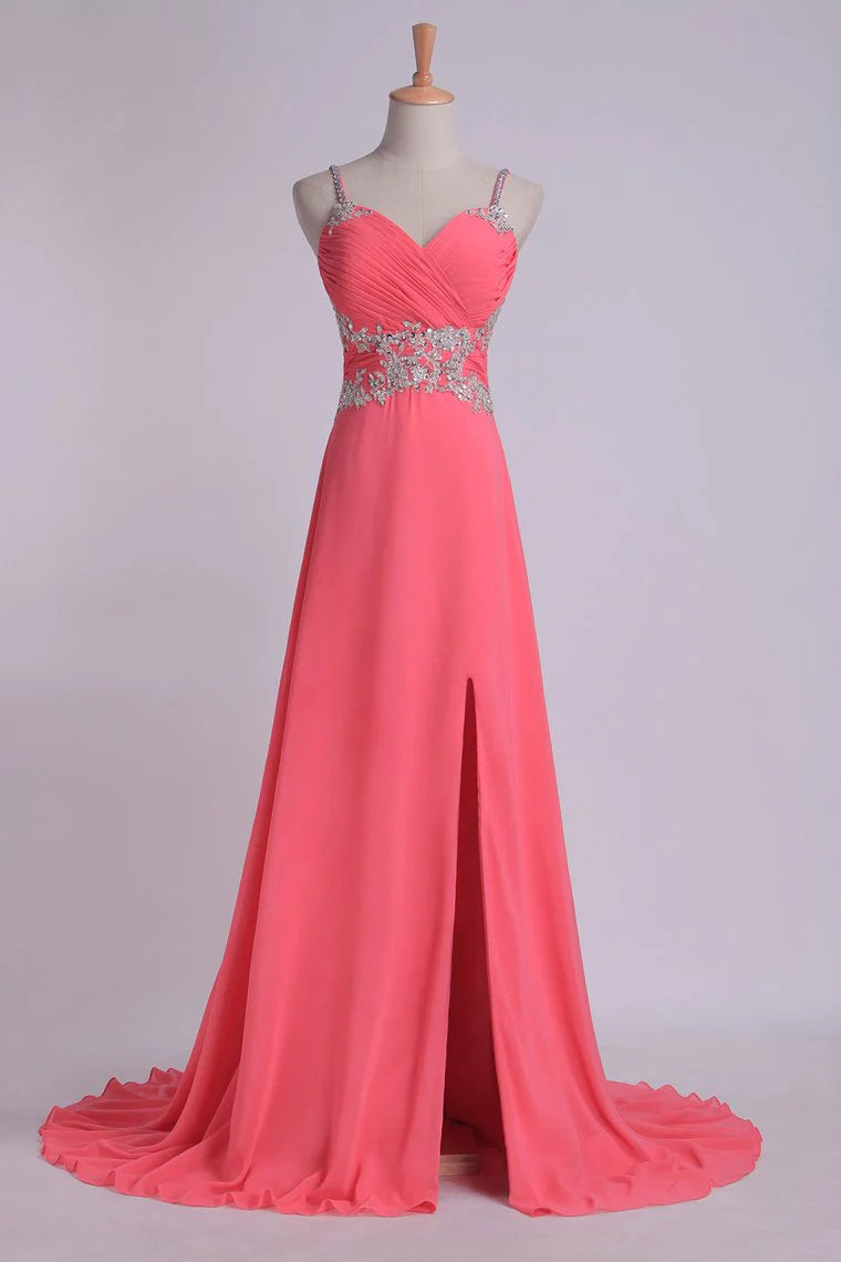 Pleated Bodice Low Back Chiffon Sleeveless A Line Spaghetti Straps Party Dress