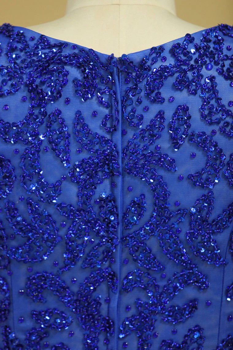 A Line Party Dresses Scoop Dark Royal Blue Satin Cap Sleeves Floor-Length