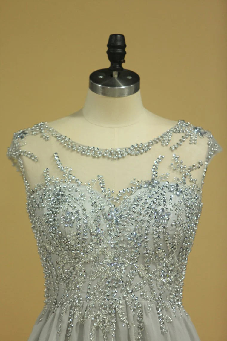 Plus Size Bateau Beaded Bodice A-Line Party Dresses With Long Chiffon Skirt