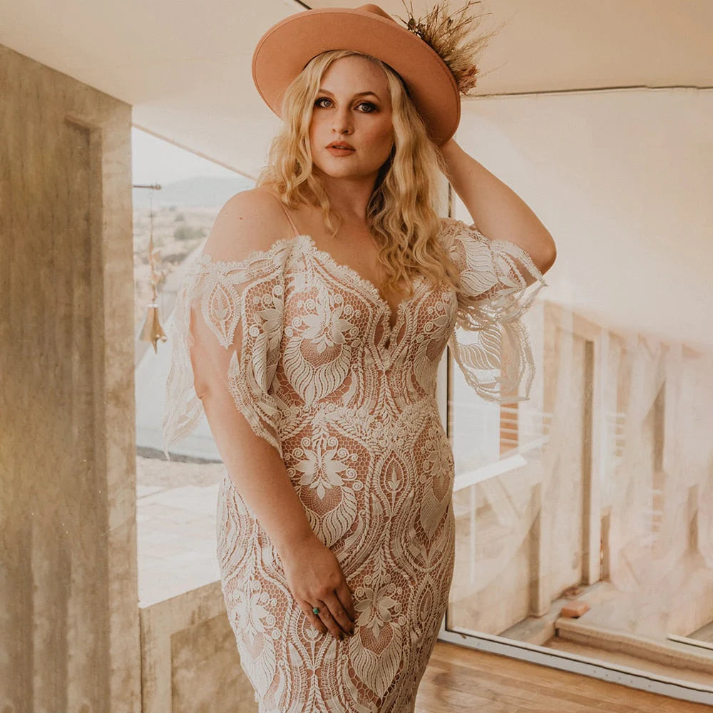 Plus Sizes Sheath Sweetheart Spaghetti Strap Lace Cut Out Flutter Sleeves Backless Boho Wedding Dress