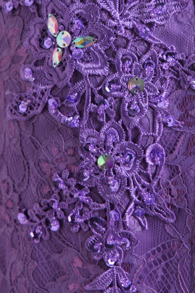 Mermaid High Neck Party Dresses Lace With Beads Sweep Train Purple