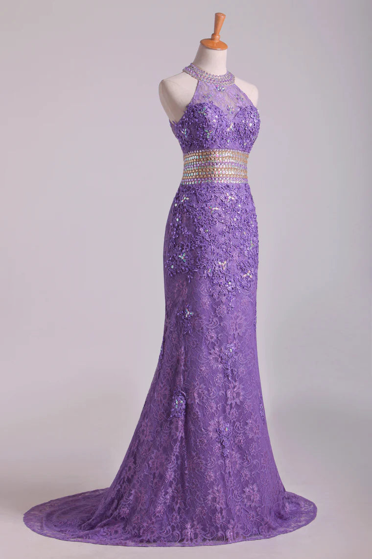 Mermaid High Neck Party Dresses Lace With Beads Sweep Train Purple