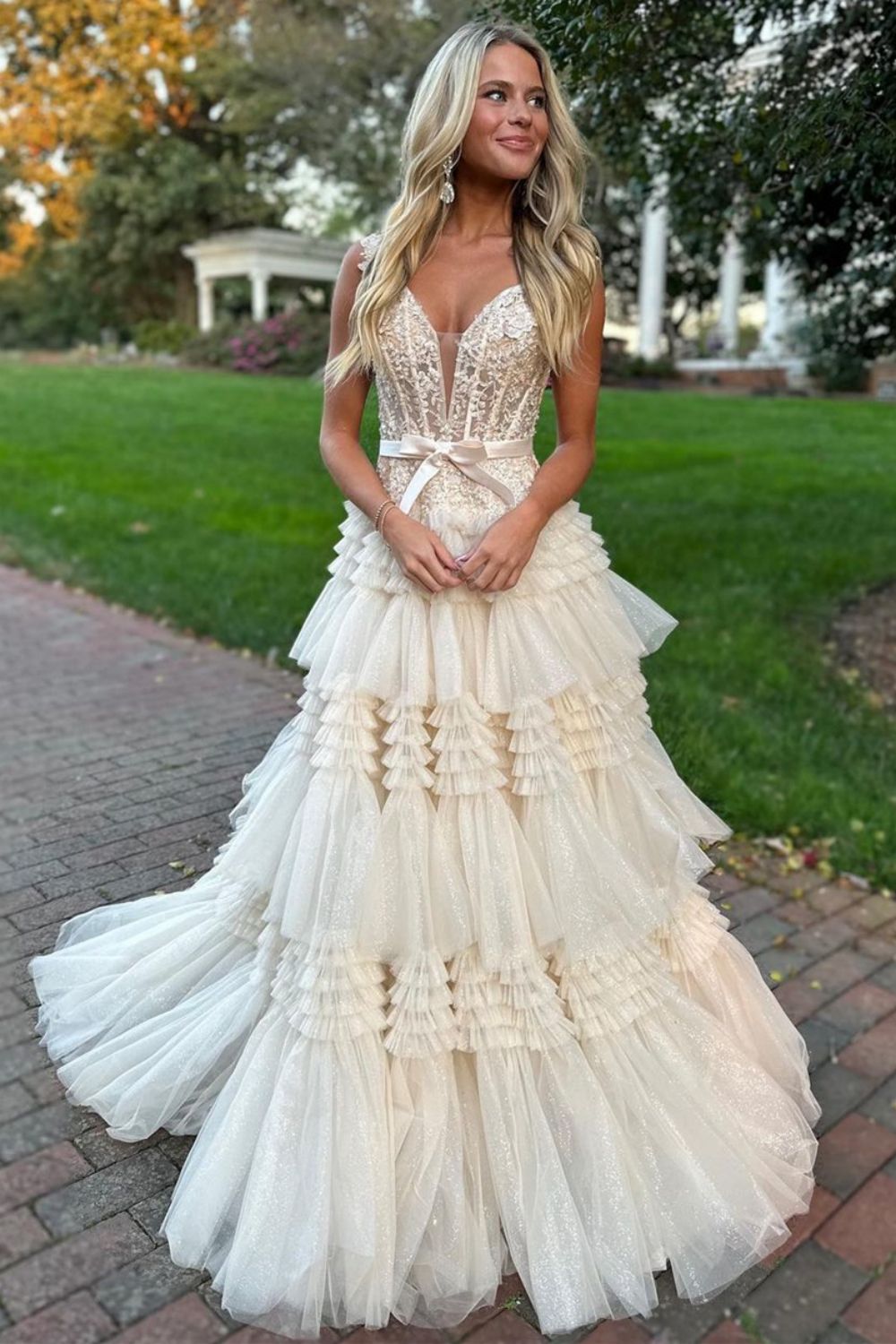Champagne A-Line Off The Shoulder Long Tulle Prom Dress With Split And Sash