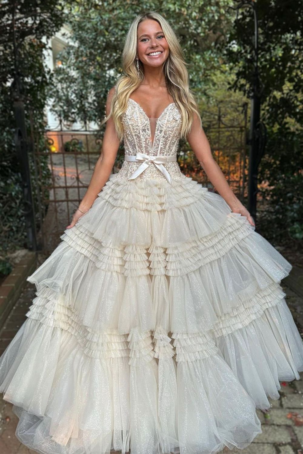 Champagne A-Line Off The Shoulder Long Tulle Prom Dress With Split And Sash