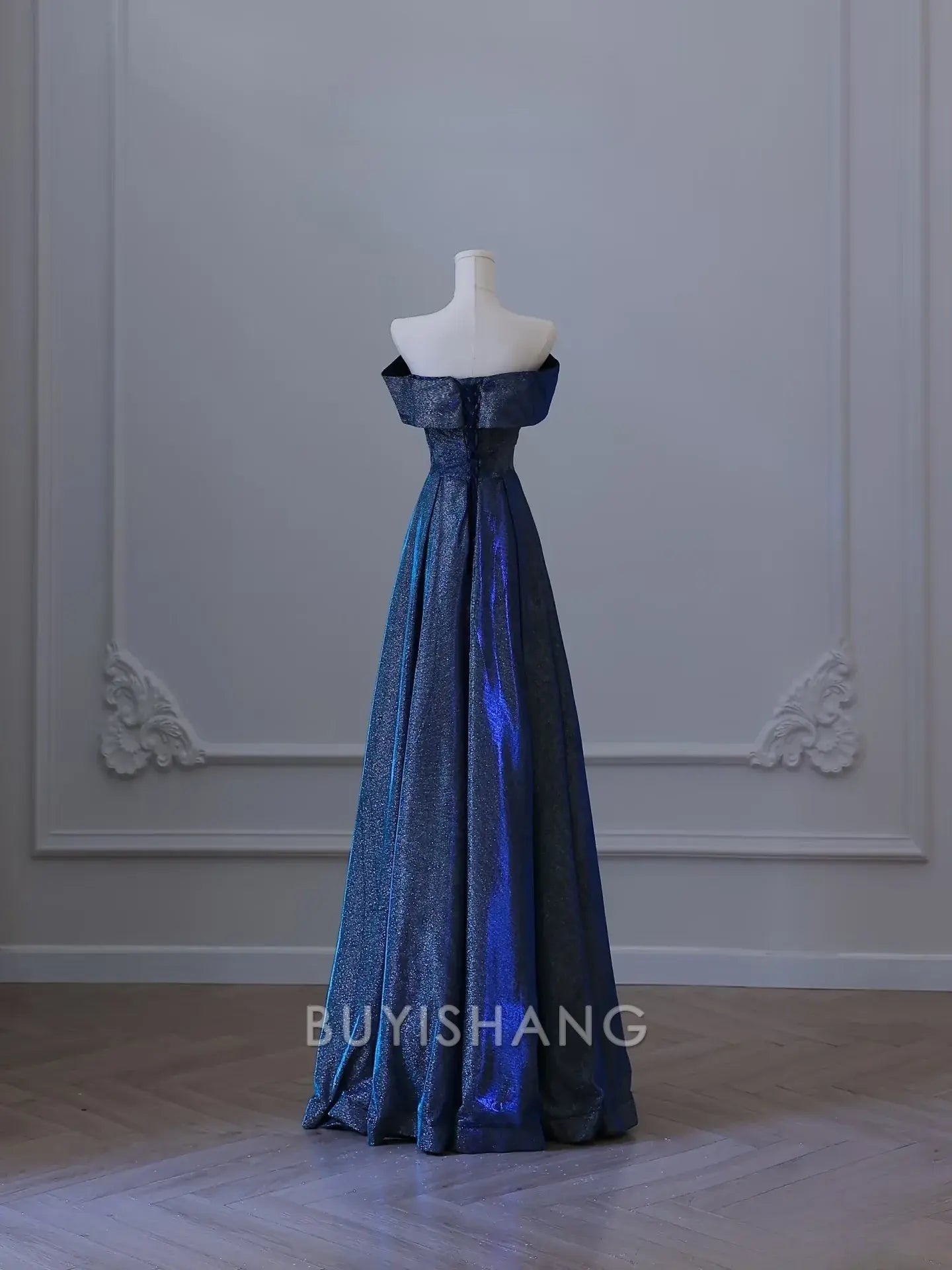 Buyishang Pretty A Line Off The Shoulder Blue Sequin Long Prom Dresses Evening Gowns