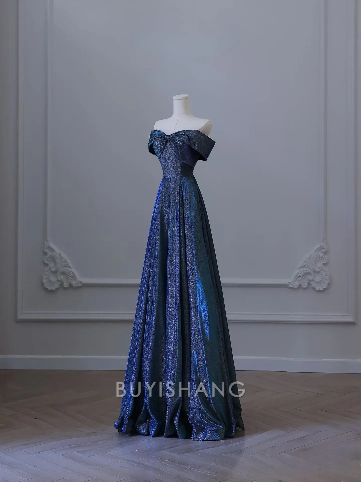 Buyishang Pretty A Line Off The Shoulder Blue Sequin Long Prom Dresses Evening Gowns