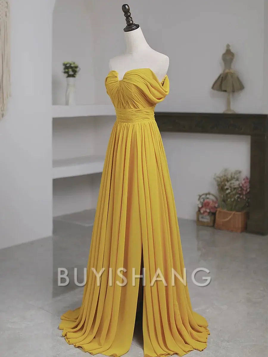 Buyishang Pretty A Line Off The Shoulder Yellow Long Length Evening Dress Prom Dresses