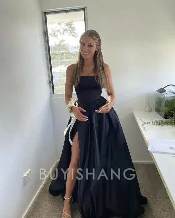 Buyishang Pretty A Line Strapless Black Satin Evening Dress With Split Prom Dresses
