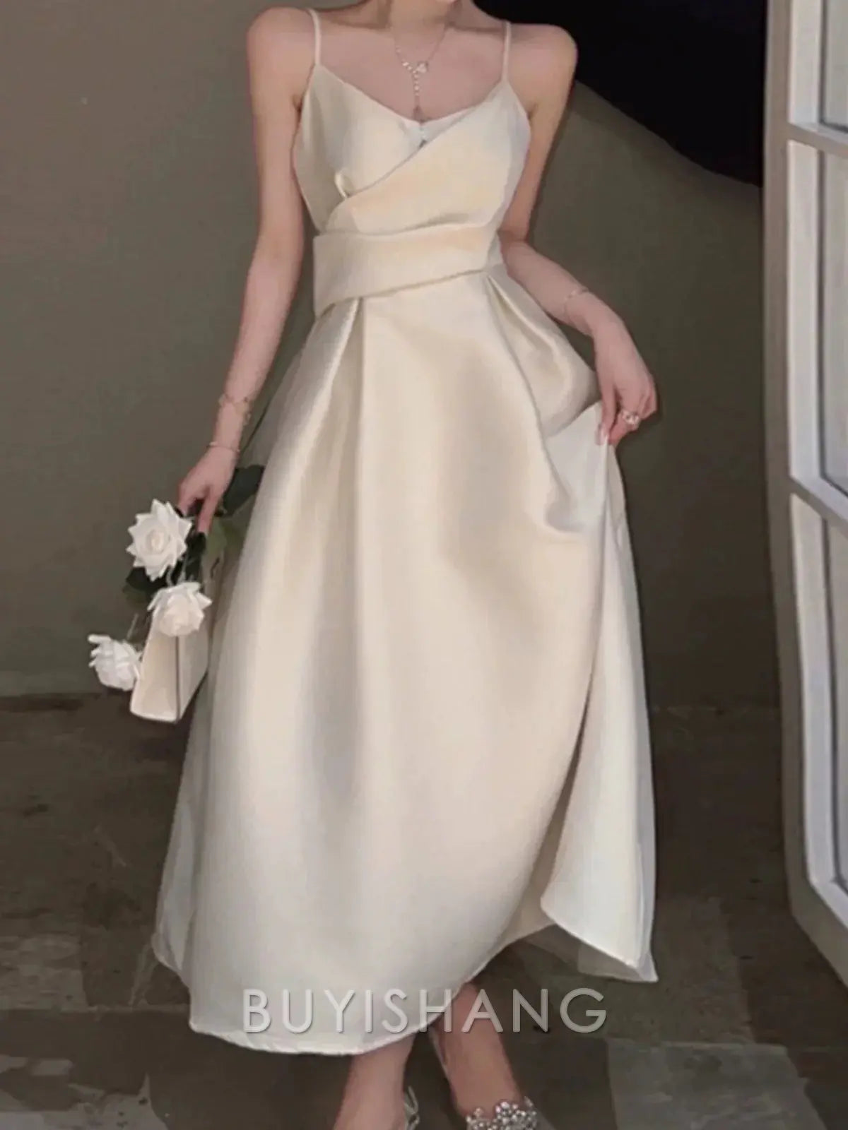 Buyishang Pretty A line Spaghetti Straps Satin Prom Dress Evening Dress Formal Dress