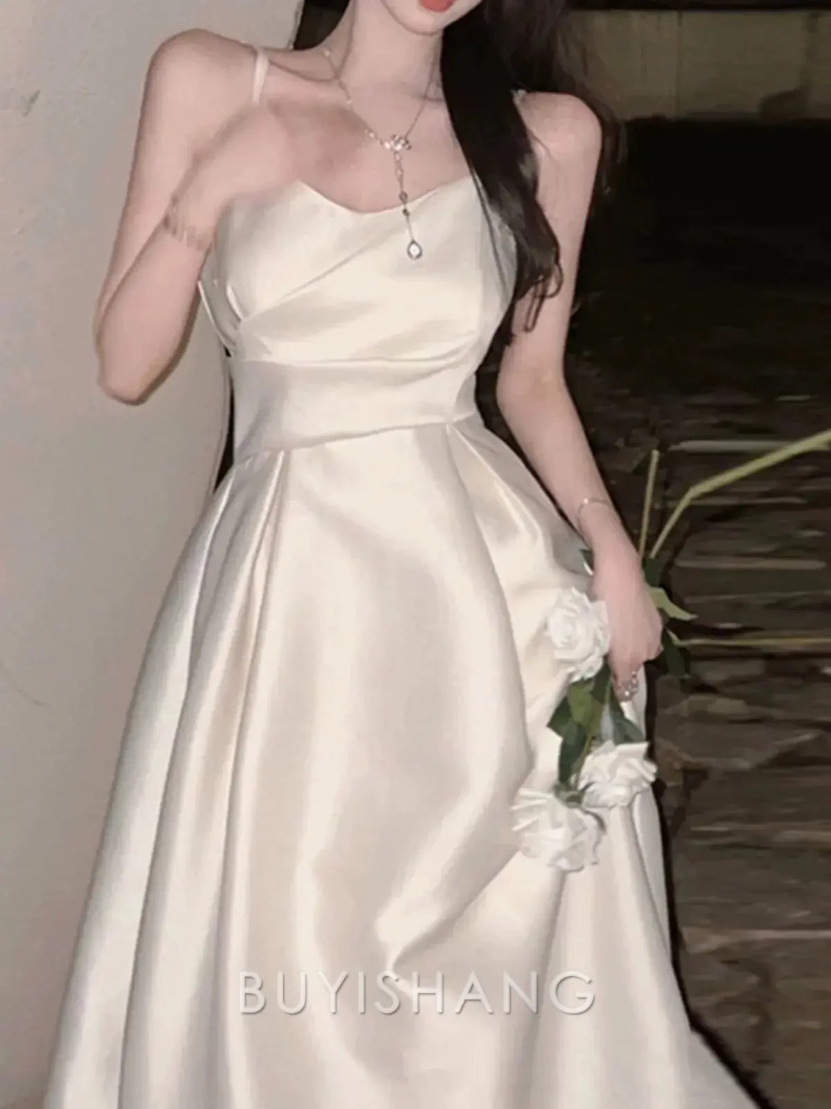 Buyishang Pretty A line Spaghetti Straps Satin Prom Dress Evening Dress Formal Dress